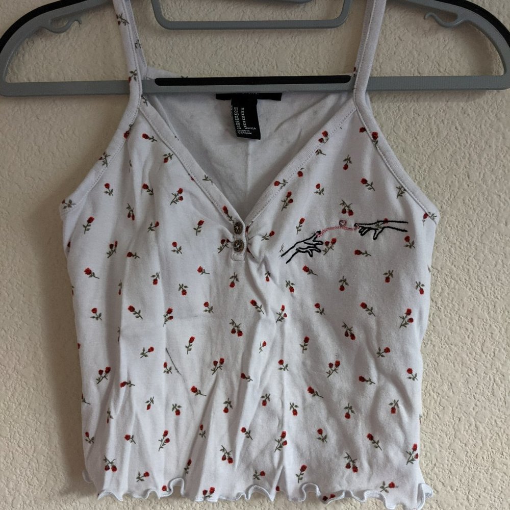 Embroidered Your Name Red String of Fate Roses Floral White Tank Top Shirt